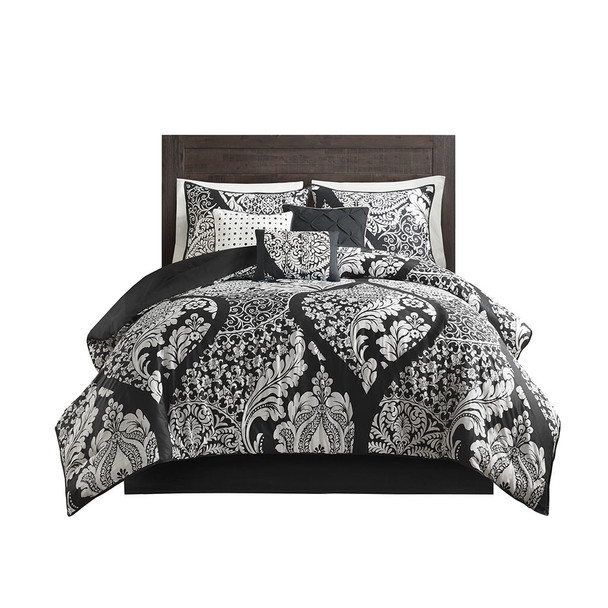 7pc Black & White Ogee Design Comforter Set AND Decorative Pillows (Vienna-Black)