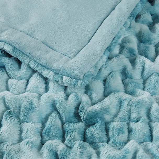 Blue Tie Dye Ruched Faux Fur Reversible Throw - 50" x 60" (Ruched-Blue Tie Dye-Throw)