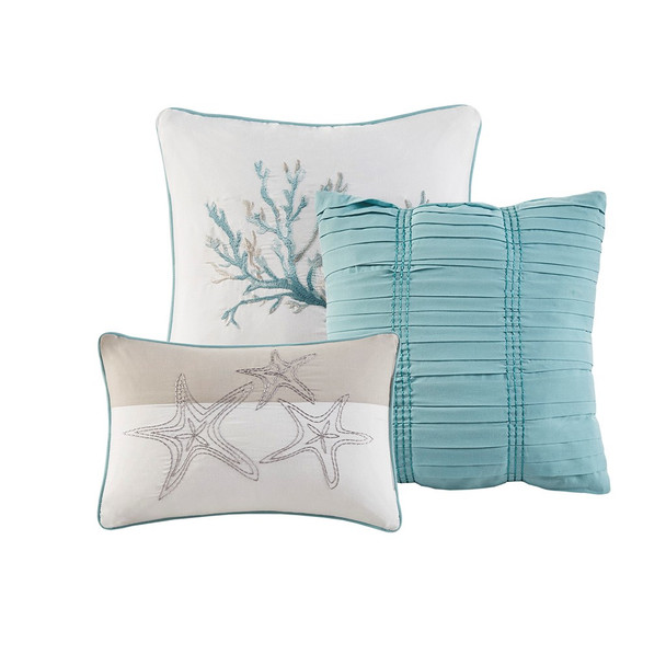 7pc Aqua Blue & Taupe Beach Starfish Comforter Set AND Decorative Pillows (Pebble Beach-Aqua)