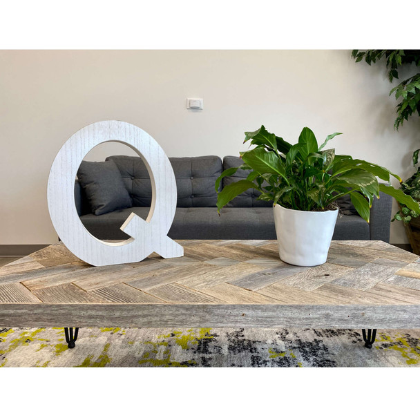 16" Distressed White Wash Wooden Initial Letter Q Sculpture