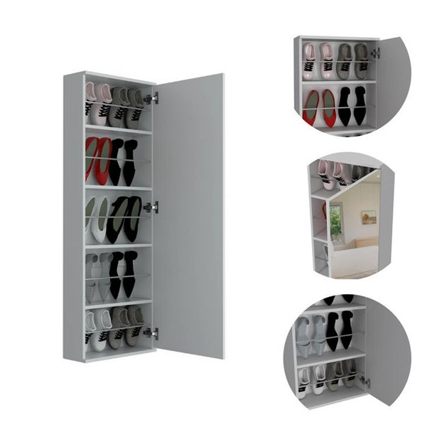 Stylish White  Wall Mounted Shoe Rack with Mirror