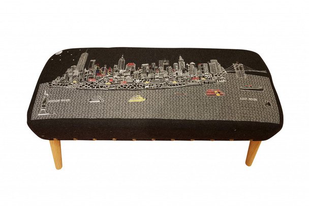 38" NYC Nighttime Skyline Embroidered Ottoman