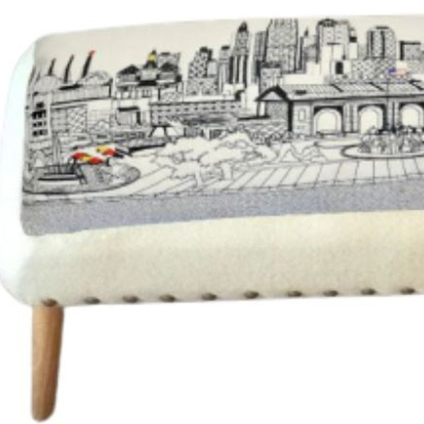 38" White Kansas City Daylight Skyline Embroidered Ottoman