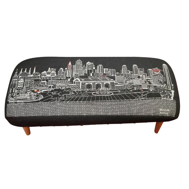 38" Black Kansas City Nighttime Skyline Embroidered Ottoman