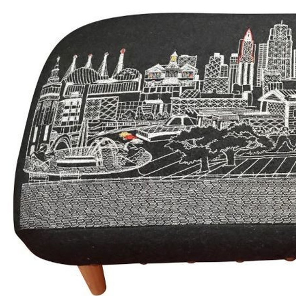 38" Black Kansas City Nighttime Skyline Embroidered Ottoman