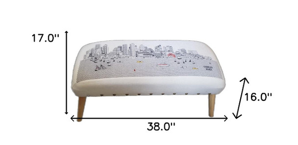 38" White Boston Daylight Skyline Embroidered Ottoman