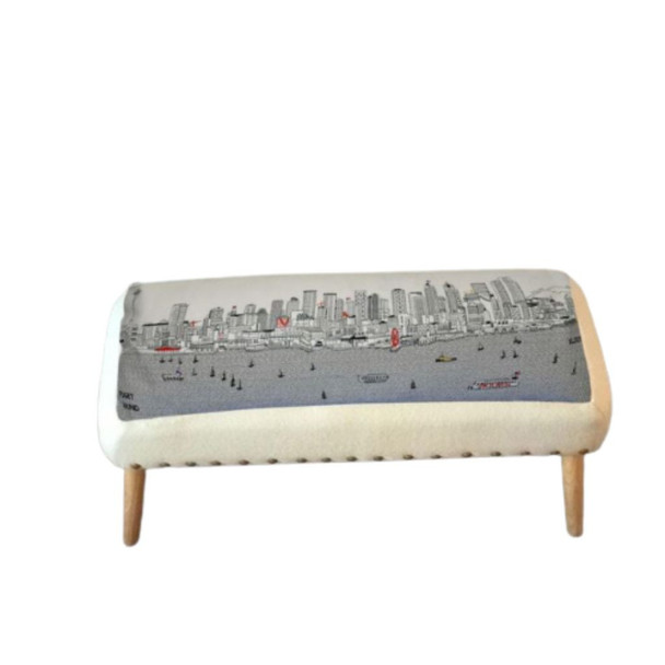 38" White Seattle Daylight Skyline Embroidered Ottoman