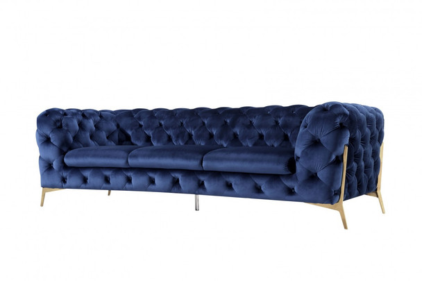 Contemporary 97" Blue Velvet And Gold Accent Sofa