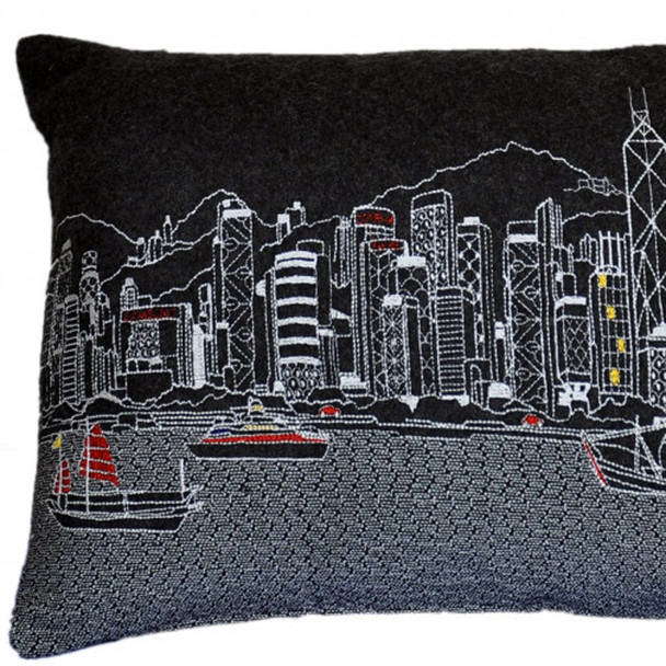 24" Black Hong Kong Nighttime Skyline Lumbar Decorative Pillow