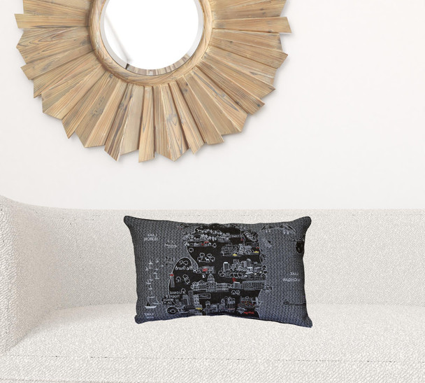 24" Black Michigan Lower Peninsula Nighttime Skyline Lumbar Decorative Pillow