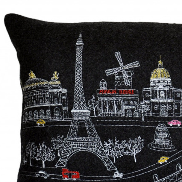 24" Black and White Paris Nighttime Skyline Standard Lumbar Decorative Pillow