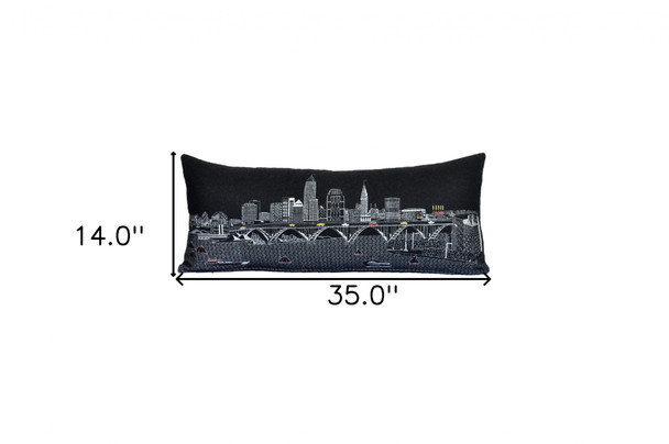 35" Black Cleveland Nighttime Skyline Lumbar Decorative Pillow