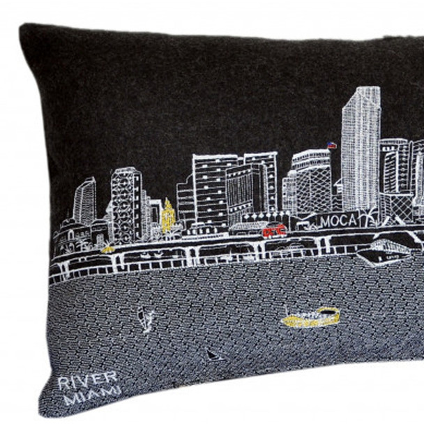 35" Black Miami Nighttime Skyline Lumbar Decorative Pillow