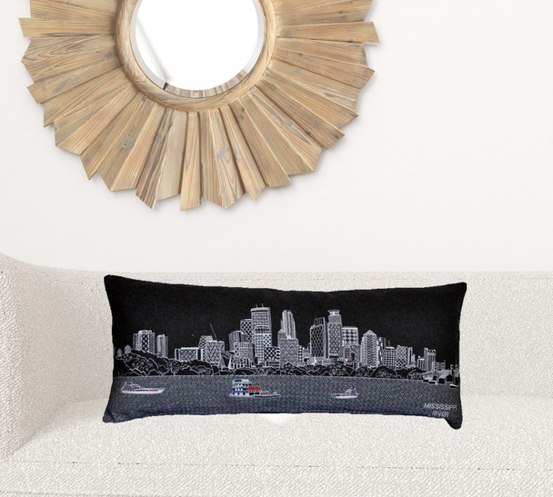 35" Black Minneapolis Nighttime Skyline Lumbar Decorative Pillow