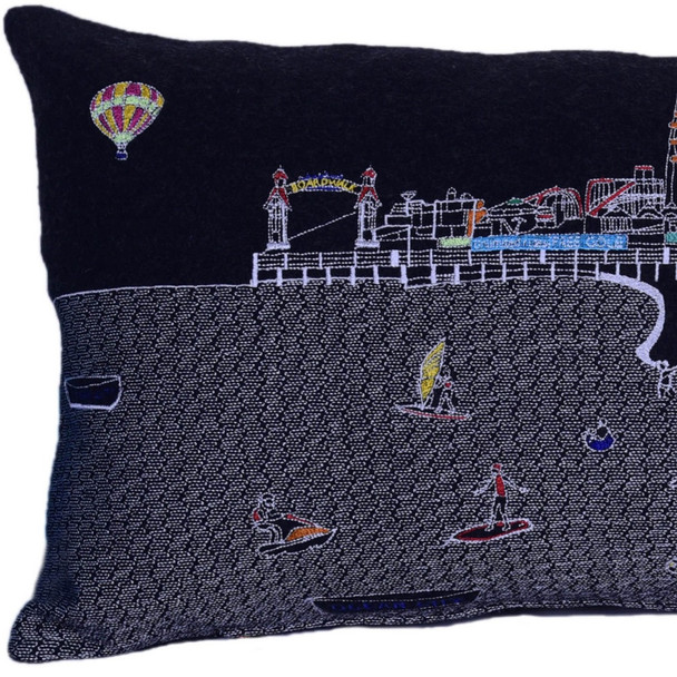 35" Black Ocean City Maryland Nighttime Skyline Lumbar Decorative Pillow