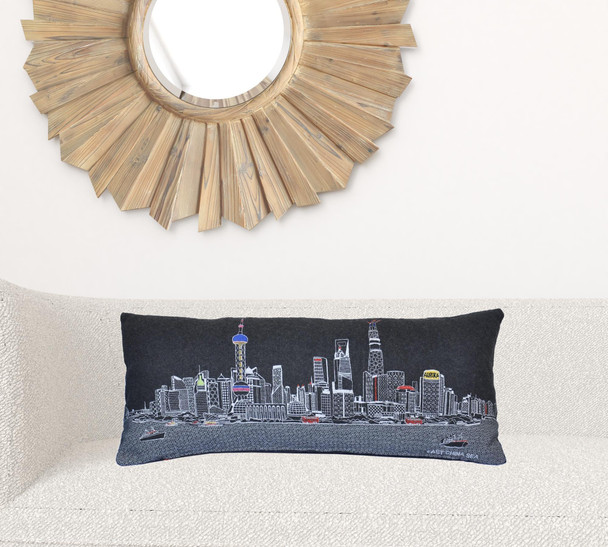 35" Black Shanghai  Nighttime Skyline Lumbar Decorative Pillow