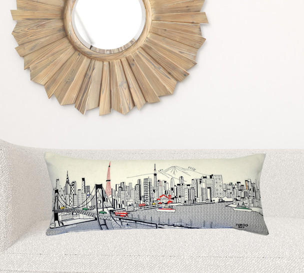 35" White Tokyo Daylight Skyline Lumbar Decorative Pillow