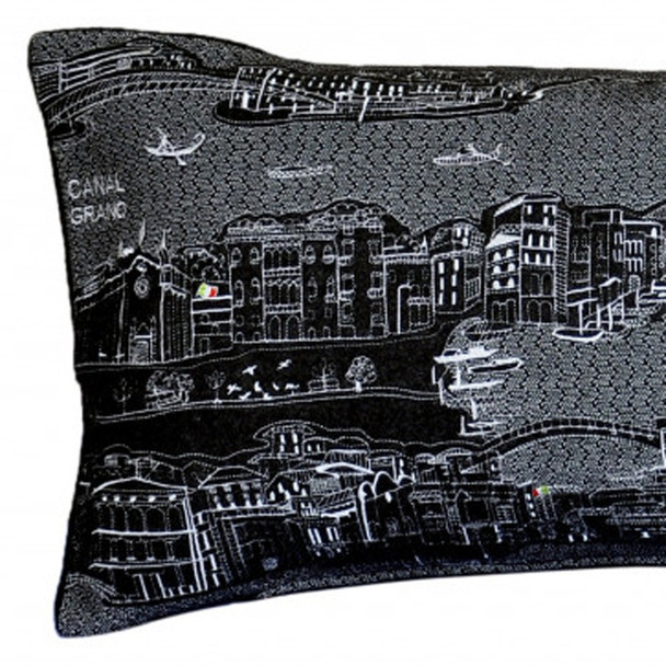 35" Black Venice Nighttime Skyline Lumbar Decorative Pillow