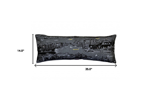 35" Black Venice Nighttime Skyline Lumbar Decorative Pillow