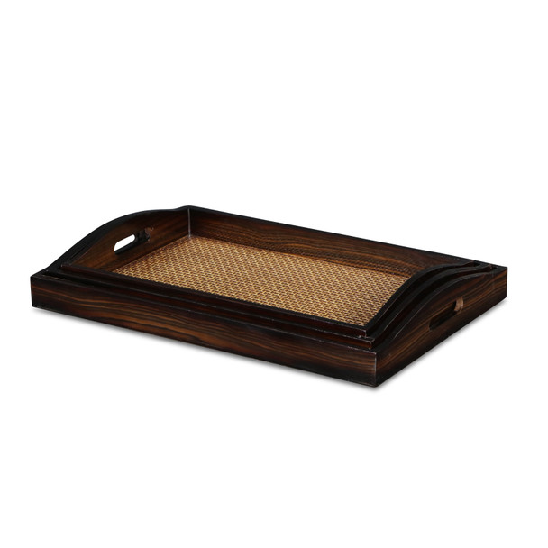 24" Brown Rectangular Wood Handmade Tray With Handles