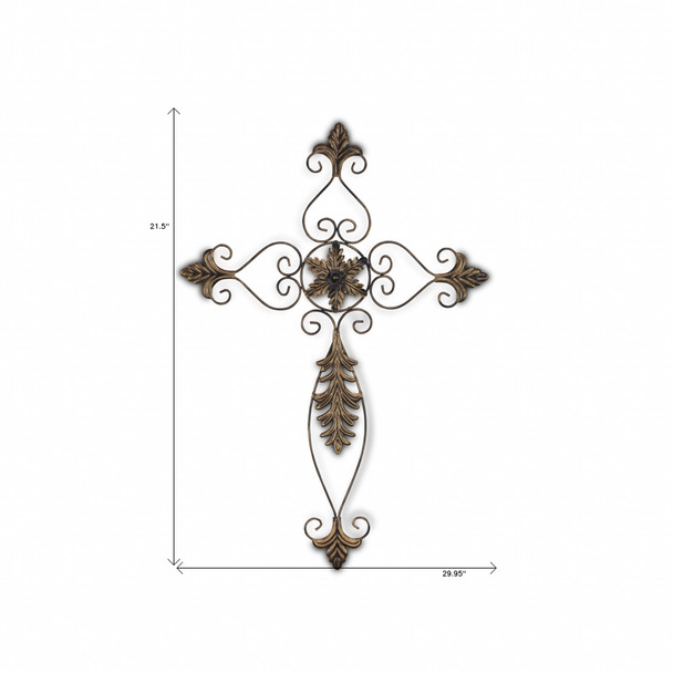 Rustic Burnished Golden Brown Metal Scroll Hanging Wall Cross