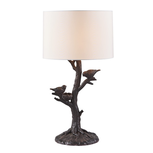 22" Dark Deep Red Birds in a Tree Table Lamp With White Drum Shade