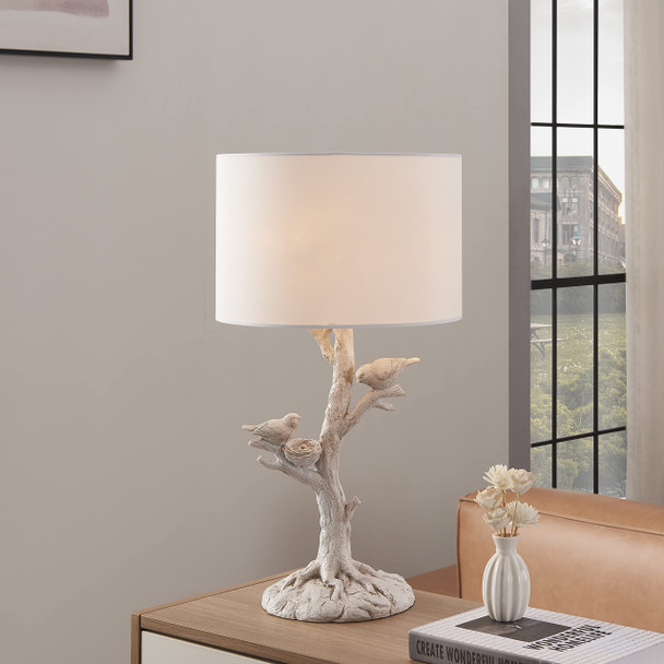 22" White Birds in a Tree Table Lamp With White Drum Shade