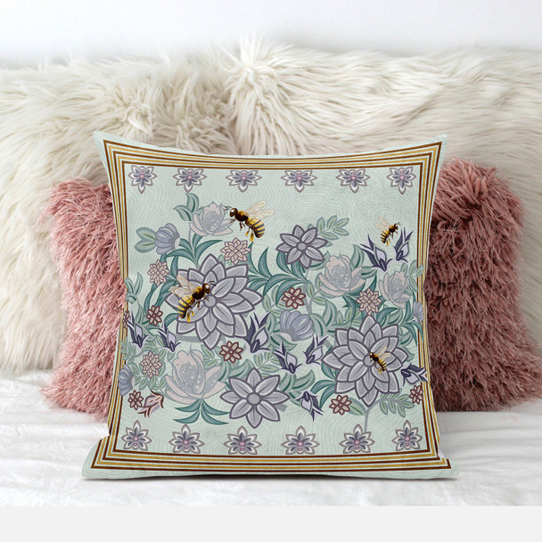 18x18 Light Green Purple Brown Bee Blown Seam Broadcloth Animal Print Throw Pillow