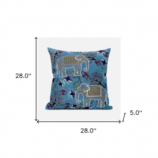28x28 Blue White Elephant Blown Seam Broadcloth Animal Print Throw Pillow