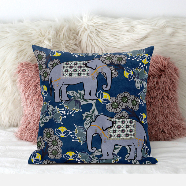 16x16 Gray Blue Brown Elephant Blown Seam Broadcloth Animal Print Throw Pillow