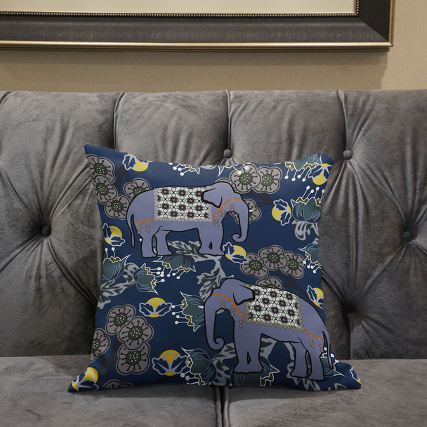 16x16 Gray Blue Brown Elephant Blown Seam Broadcloth Animal Print Throw Pillow