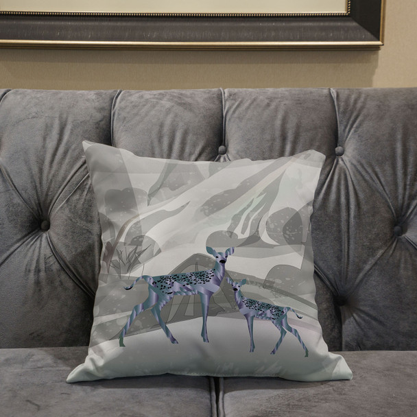 18x18 Gray Green Deer Blown Seam Broadcloth Animal Print Throw Pillow