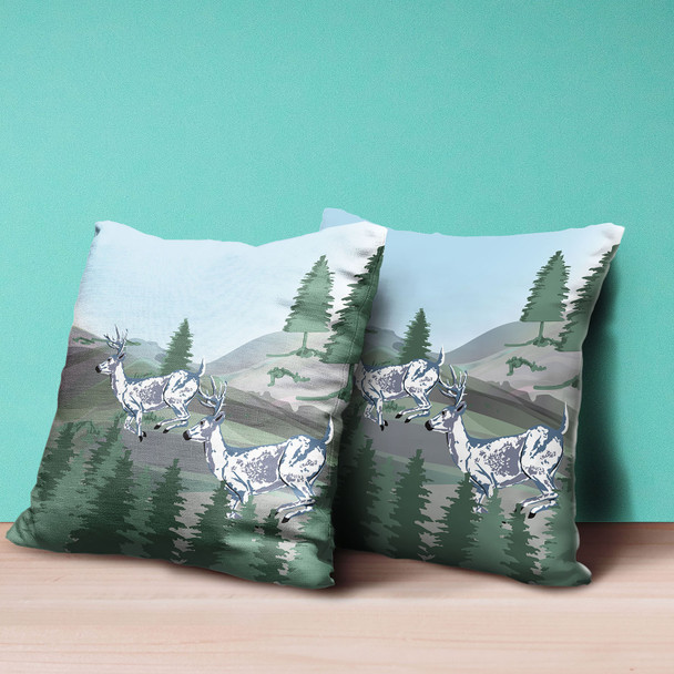 18x18 Green Blue Deer Blown Seam Broadcloth Animal Print Throw Pillow