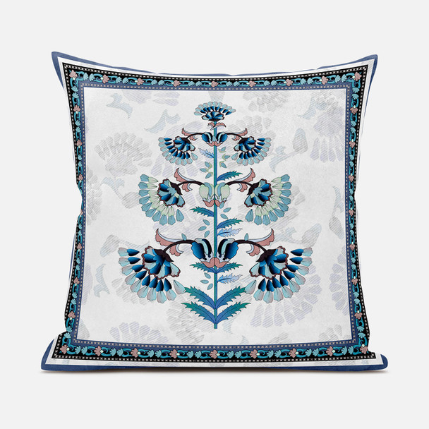 16x16 Off White Blue Black Blown Seam Broadcloth Floral Throw Pillow