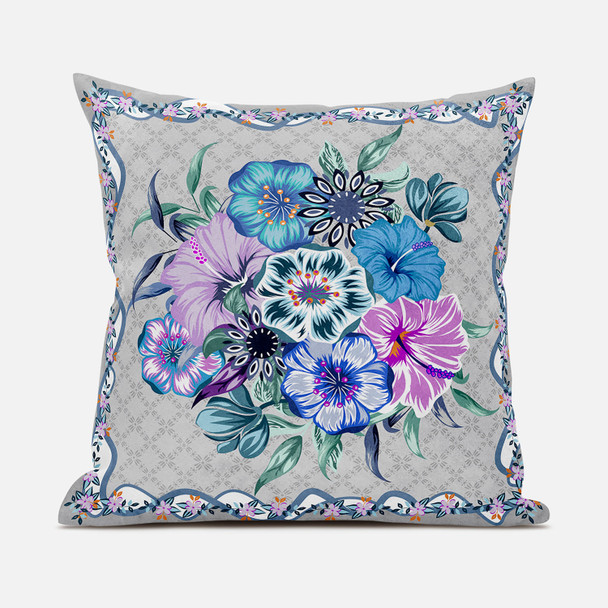 16x16 Beige Blue Gray Blown Seam Broadcloth Floral Throw Pillow