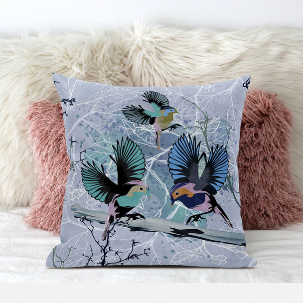 26x26 Blue Pink Gray Bird Blown Seam Broadcloth Animal Print Throw Pillow