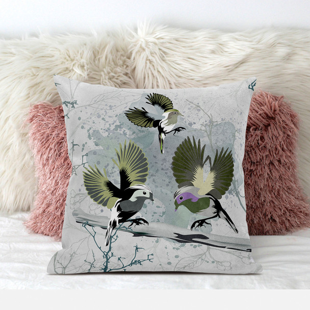 26x26 OliveGreen Offwhite Bird Blown Seam Broadcloth Animal Print Throw Pillow