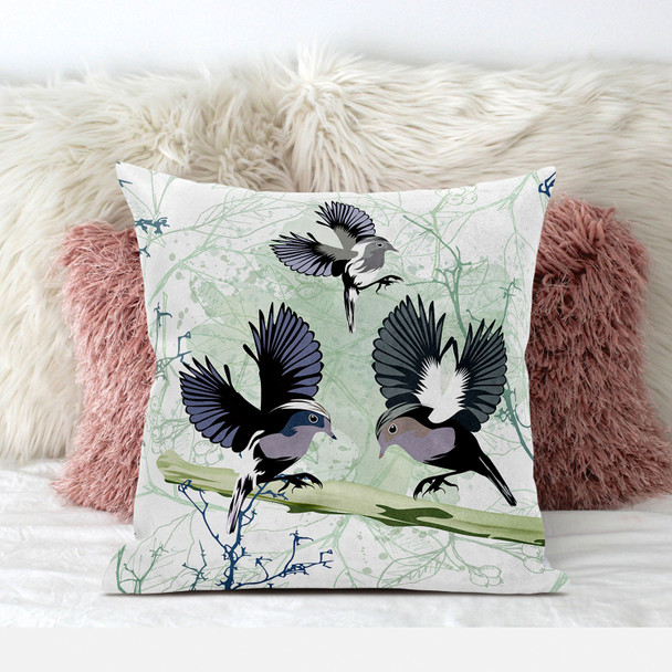 16x16 OffWhite Green Gray Bird Blown Seam Broadcloth Animal Print Throw Pillow