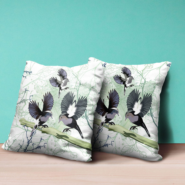 18x18 OffWhite Green Gray Bird Blown Seam Broadcloth Animal Print Throw Pillow
