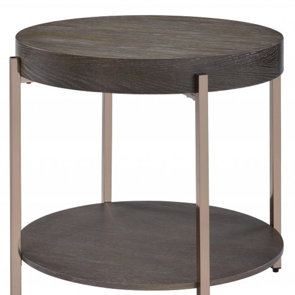 23" Champagne Metal And Dark Oak Manufactured Wood Round Two Tier End Table