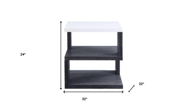 24" Gray And White High Gloss Square End Table With Two Shelves