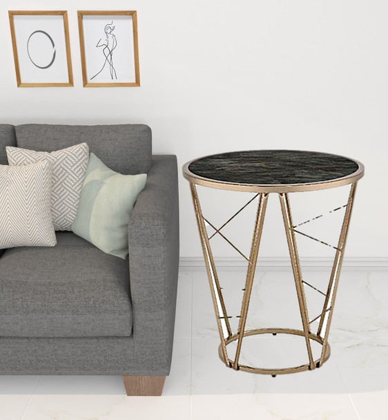 24" Champagne And Black Faux Marble Glass And Metal Round End Table