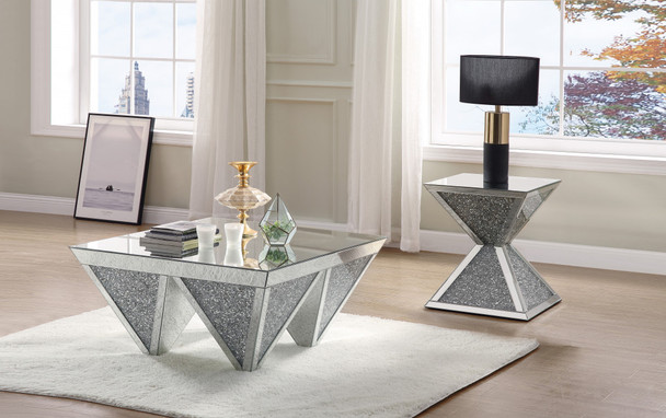 23" Silver Mirrored And Manufactured Wood Square Diamond End Table