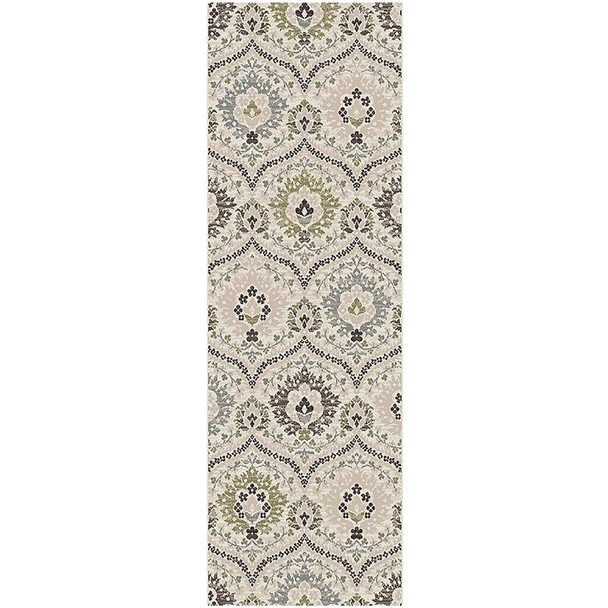 8' Ivory Gray And Olive Floral Stain Resistant Runner Rug