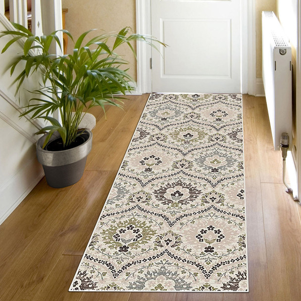 8' Ivory Gray And Olive Floral Stain Resistant Runner Rug