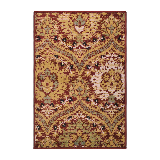 2' X 3' Red Gold And Olive Floral Stain Resistant Area Rug