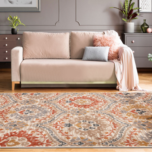 4' X 6' Ivory Orange And Gray Floral Stain Resistant Area Rug