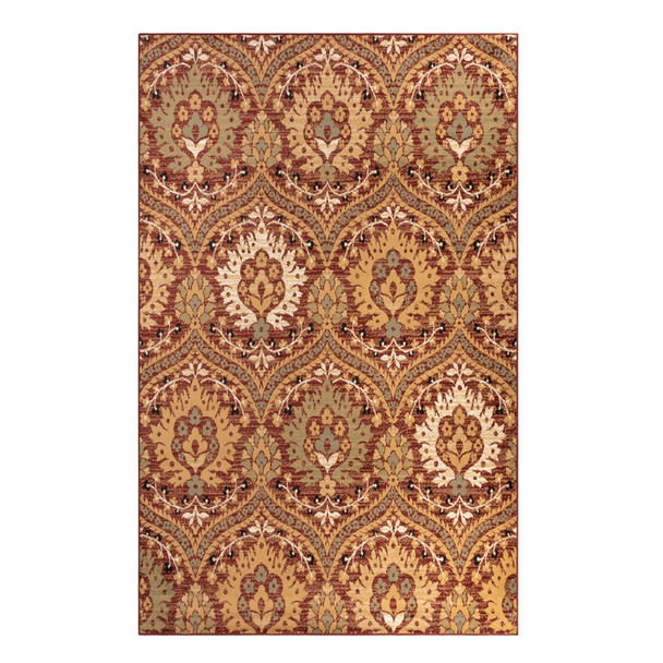 4' X 6' Red Gold And Olive Floral Stain Resistant Area Rug