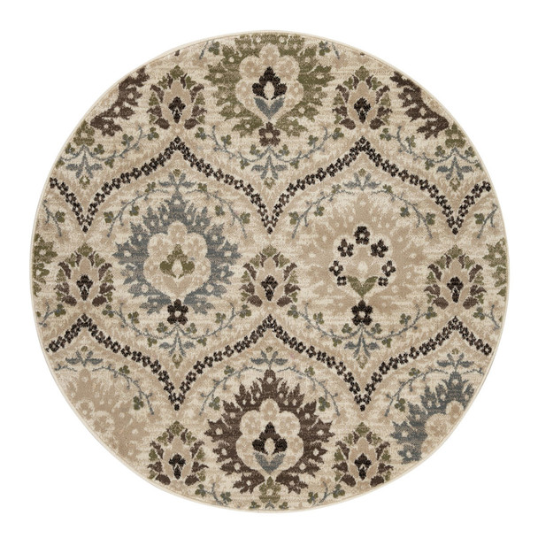 5' Round Ivory Gray And Olive Round Floral Stain Resistant Area Rug