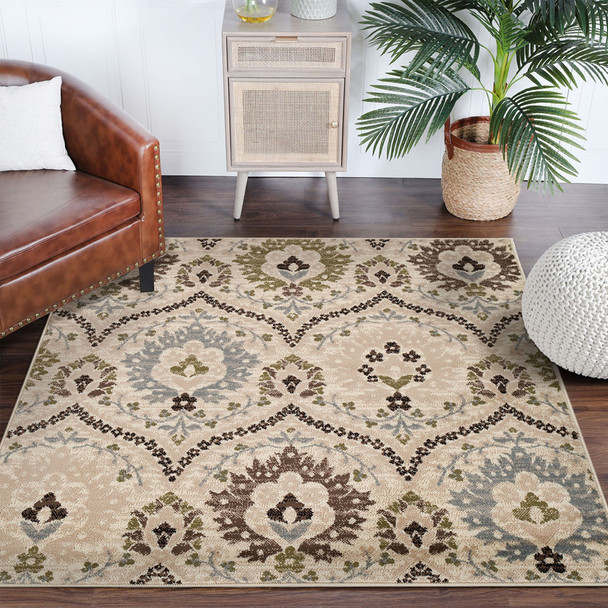 5' Square Ivory Gray And Olive Square Floral Stain Resistant Area Rug